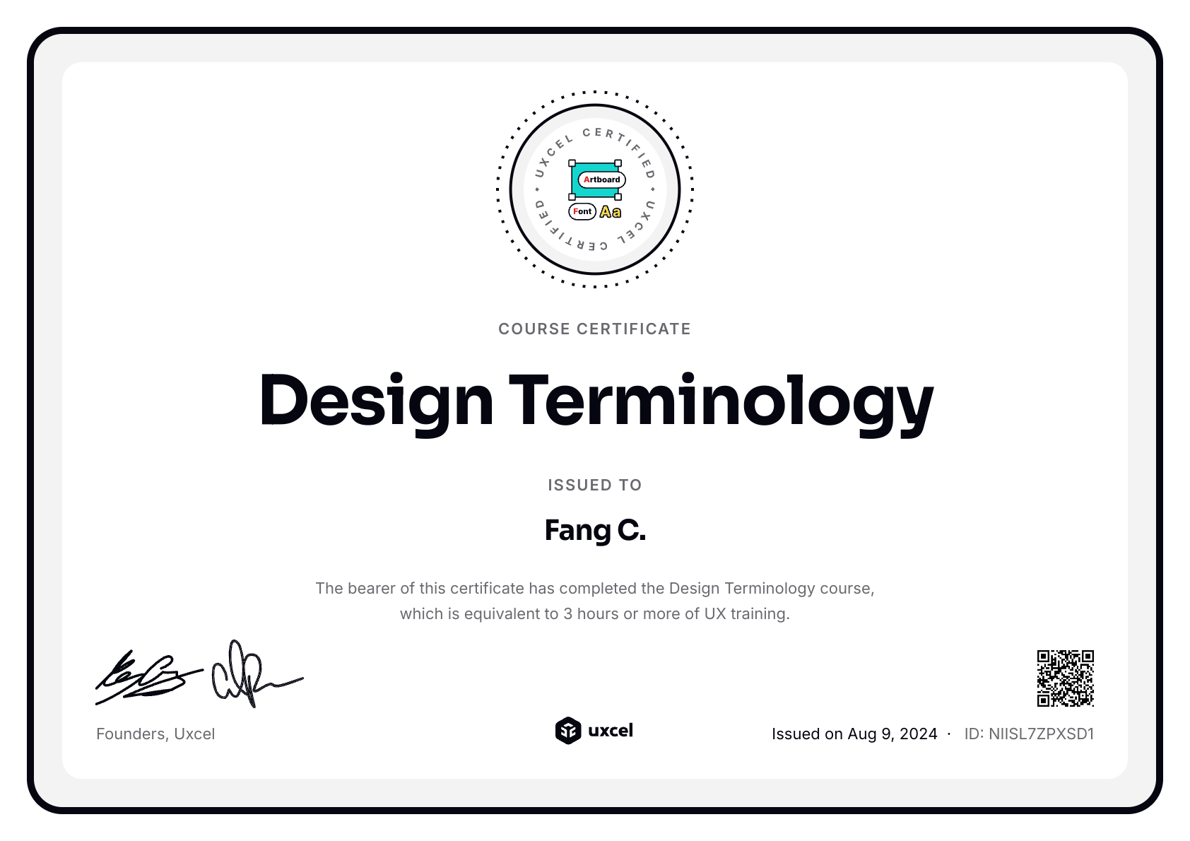Fang C.'s certificate